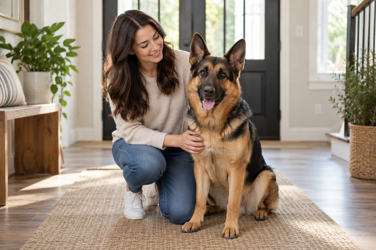 Owner sitting with a dog on a bright porch